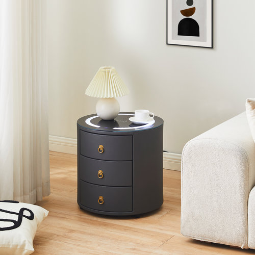 Ivy Bronx Bedside Table, Round Nightstand, 3 Drawers Smart